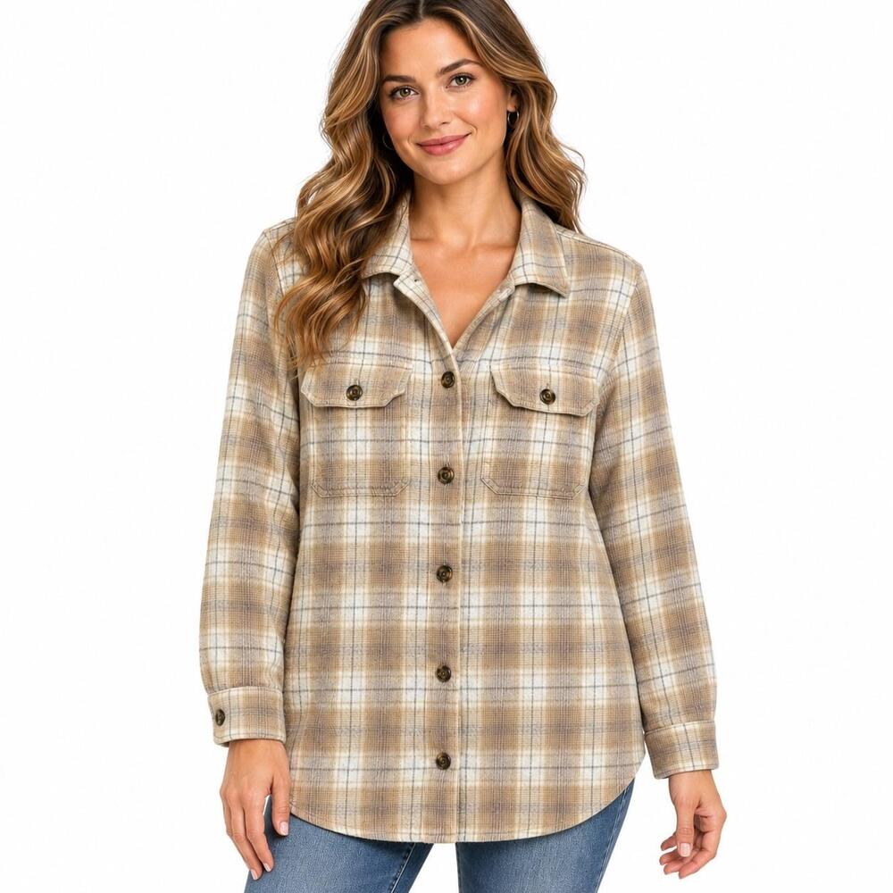 Chaps Tunic Shirt Womens Medium Beige Plaid Collared Long Sleeve Flannel Top